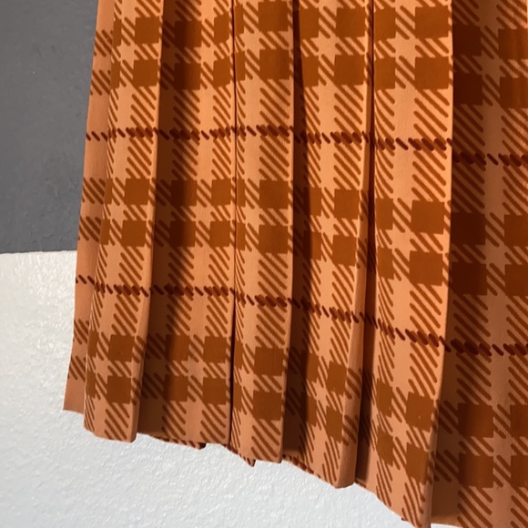 High waist preppy orange plaid pleated midi skirt - Picture 2 of 16